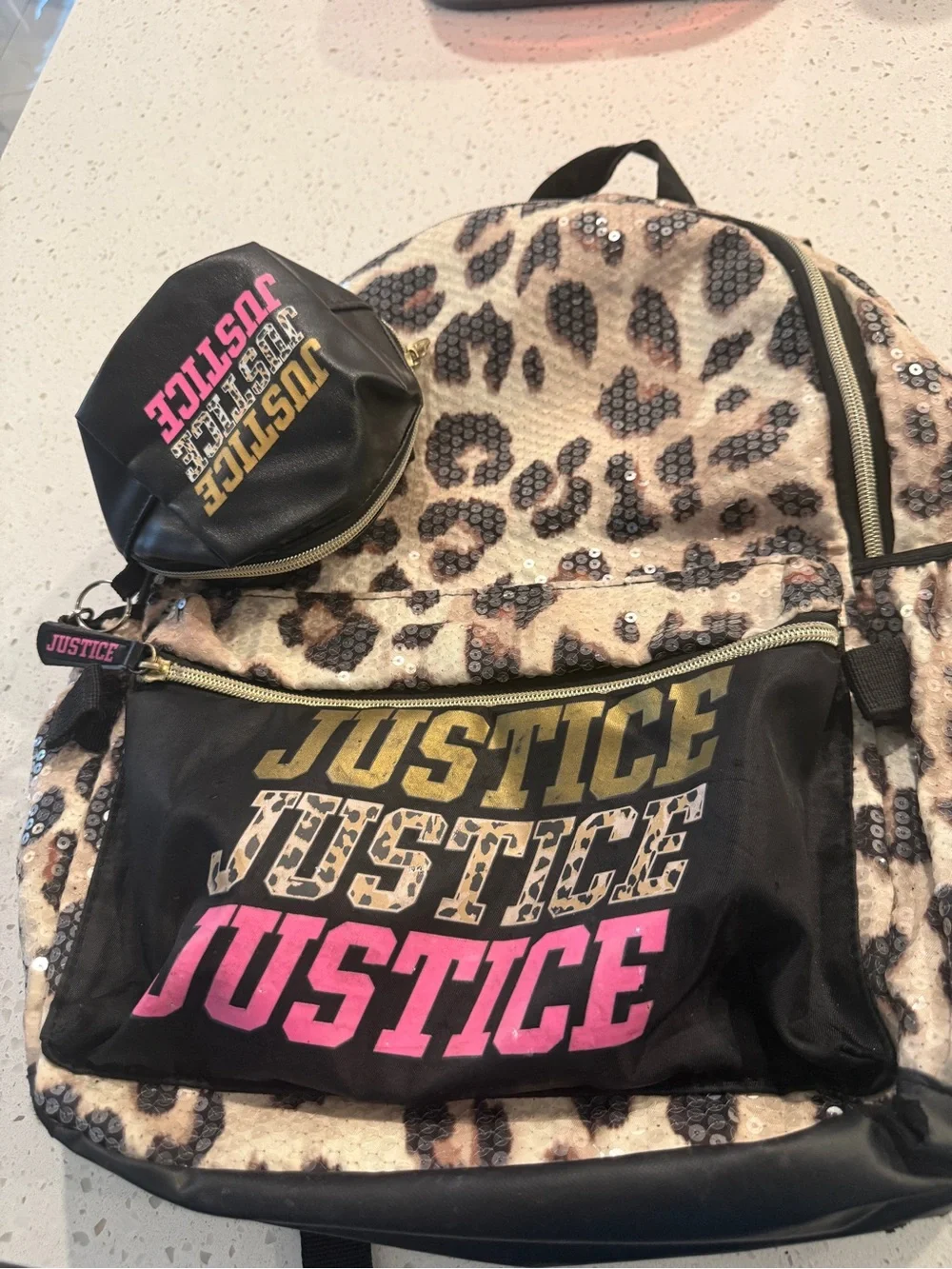 Justice Leopard Sequin Backpack with Pink & Gold Logo